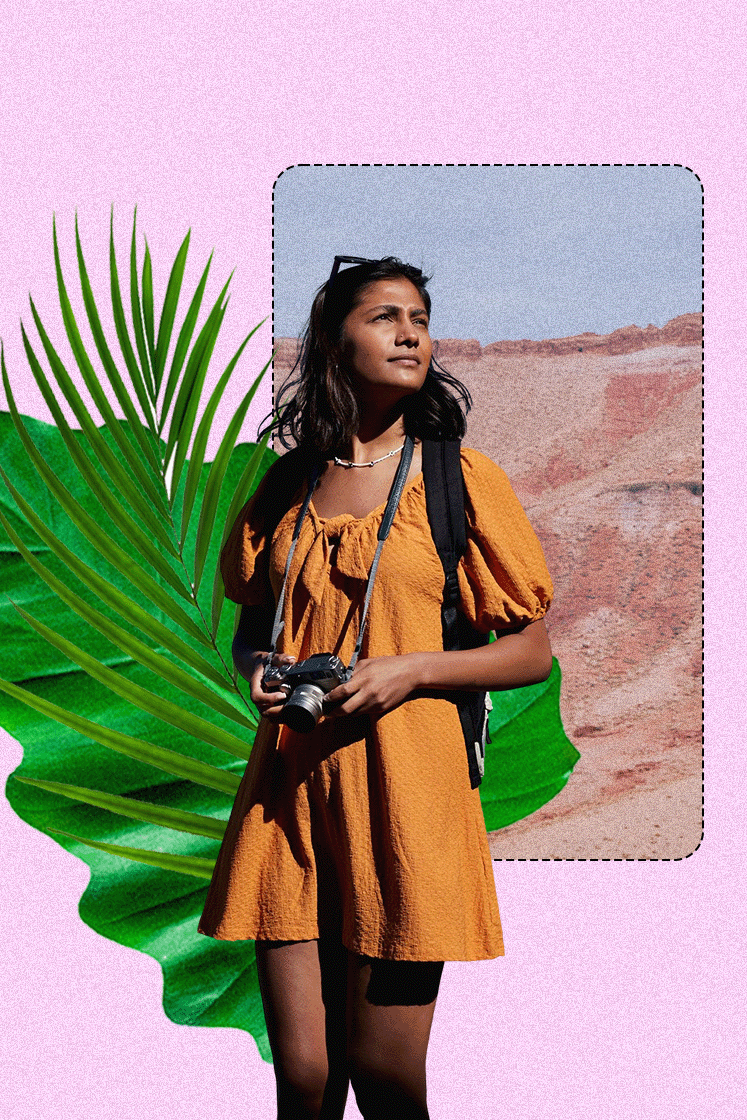 Collage image featuring a woman holding a camera