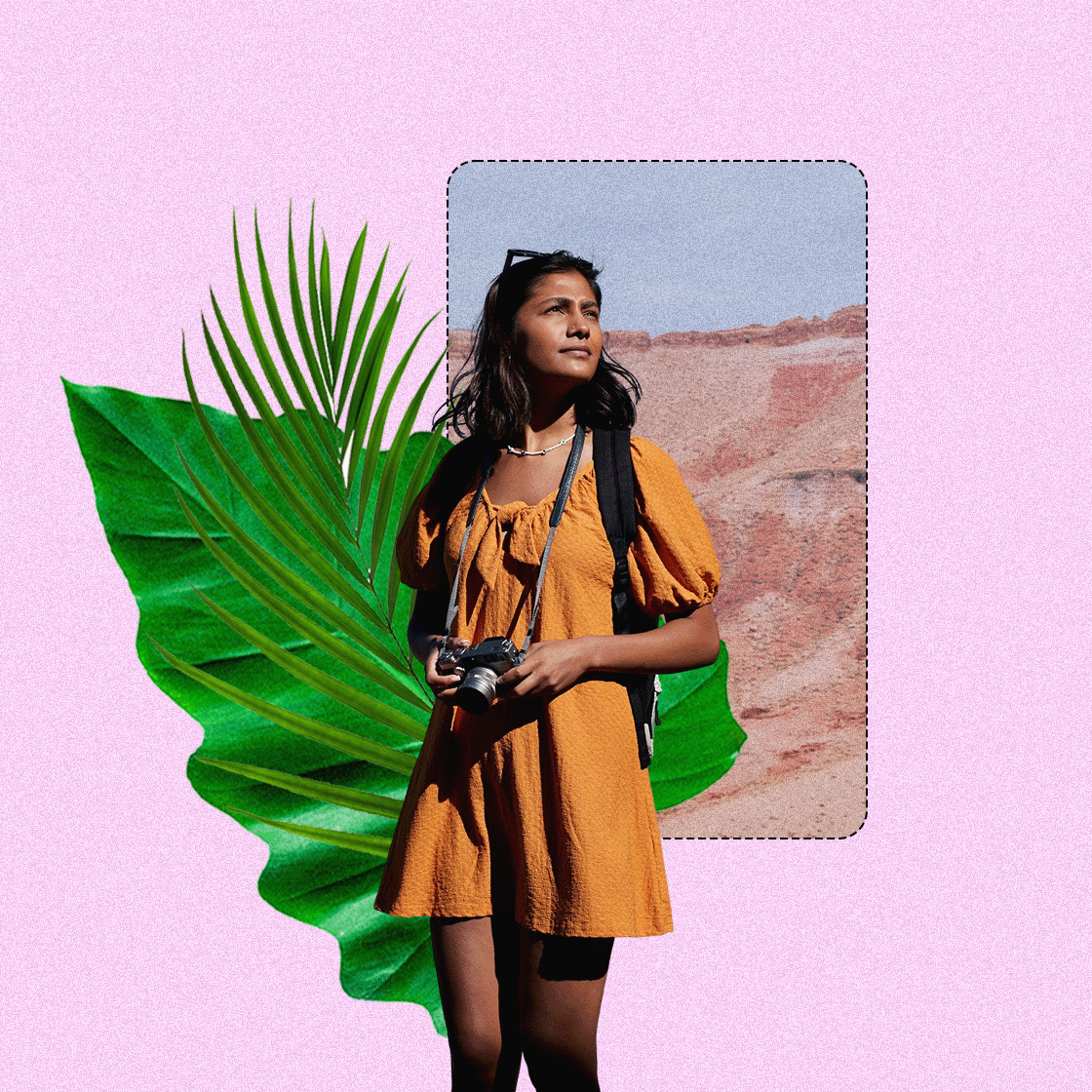Collage image featuring a woman holding a camera
