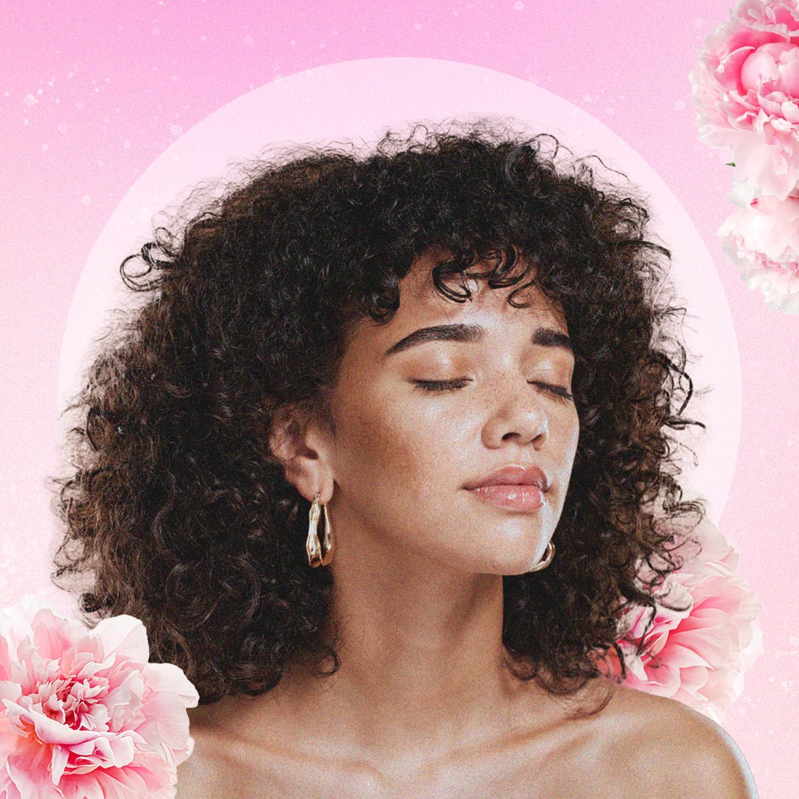Collage image of a woman with curly hair surrounded by flowers