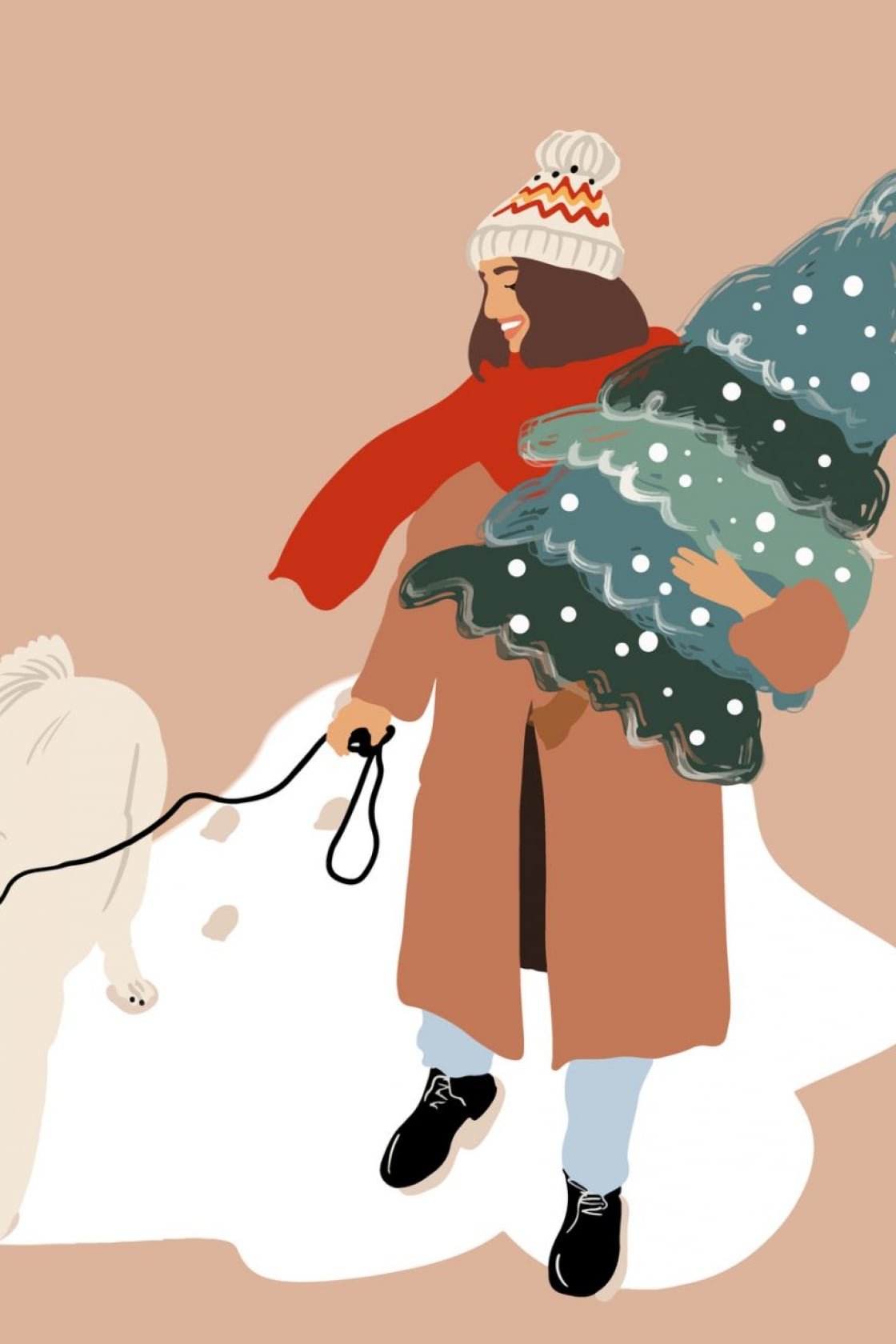 illustration of woman wearing coat and carrying a Christmas tree with dog on a lead