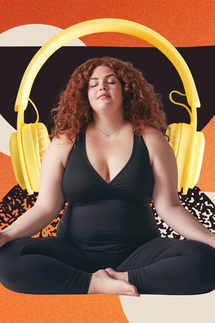 Collage image featuring a woman in a lotus position