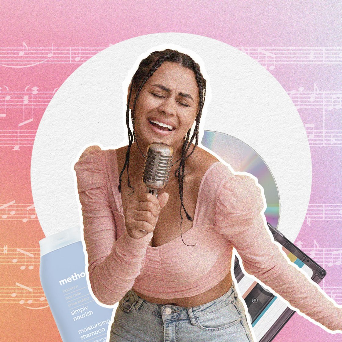 Collage image featuring a woman singing