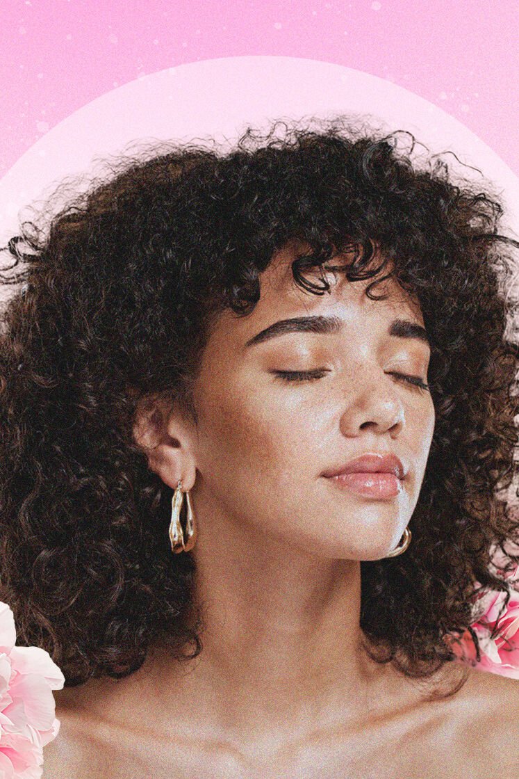 Collage image of a woman with curly hair surrounded by flowers