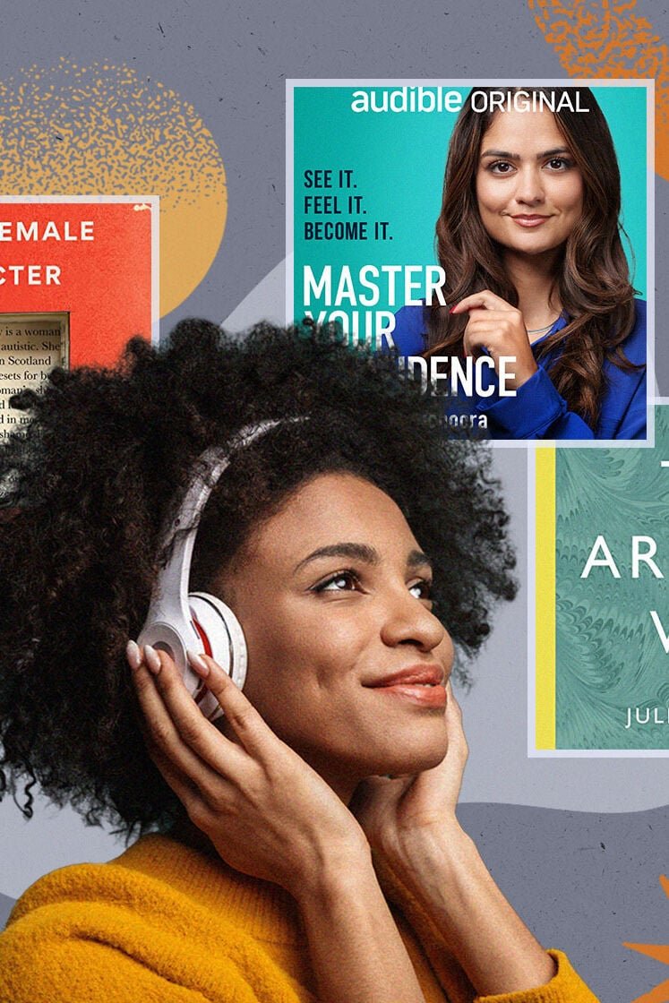 Collage image featuring a woman wearing headphones