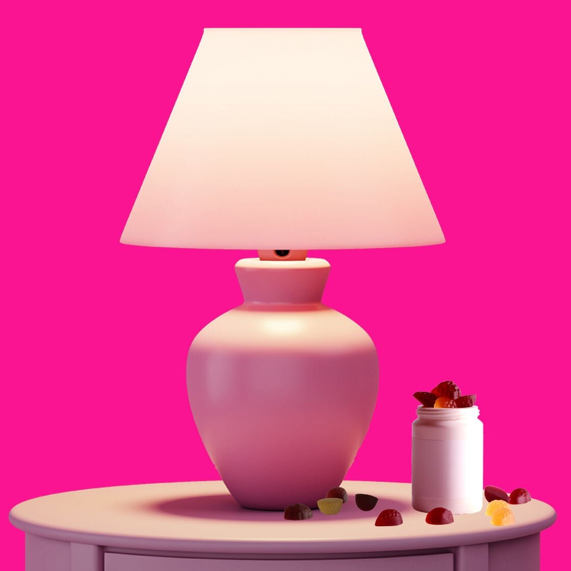 Melatonin gummies on a bedside table
