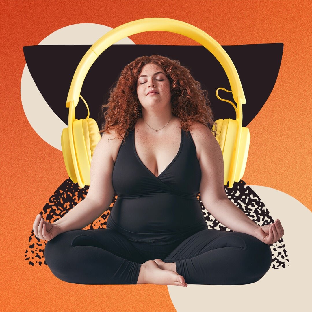 Collage image featuring a woman in a lotus position