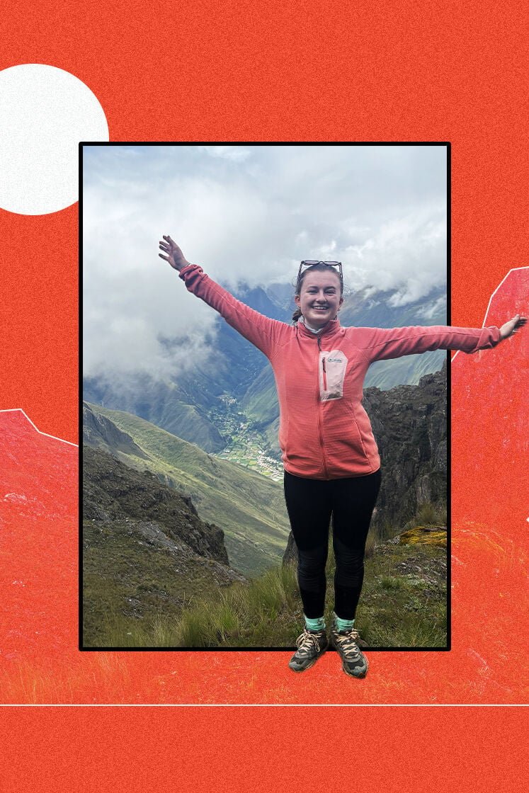 Collage image featuring a woman stood in front of a mountain