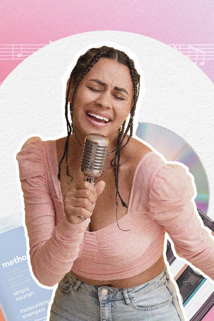 Collage image featuring a woman singing