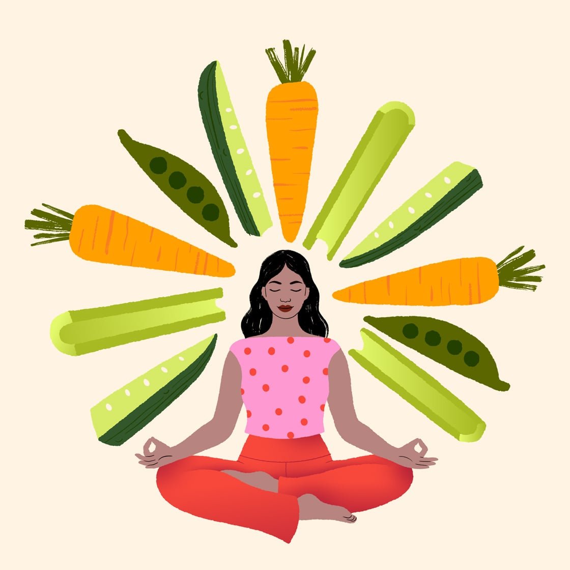 Image of a woman seated surrounded by vegetables