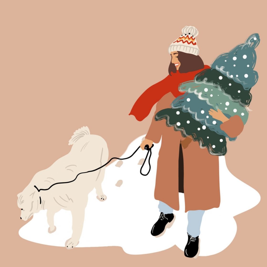 illustration of woman wearing coat and carrying a Christmas tree with dog on a lead