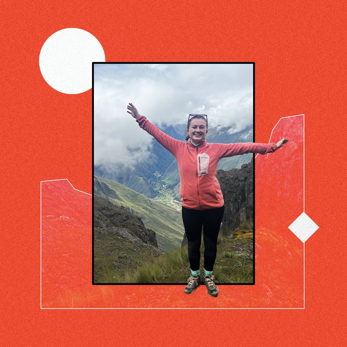 Collage image featuring a woman stood in front of a mountain