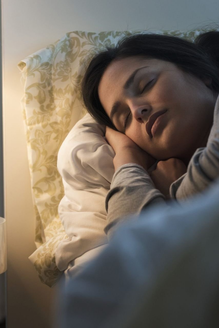 A woman fast asleep in bed at night