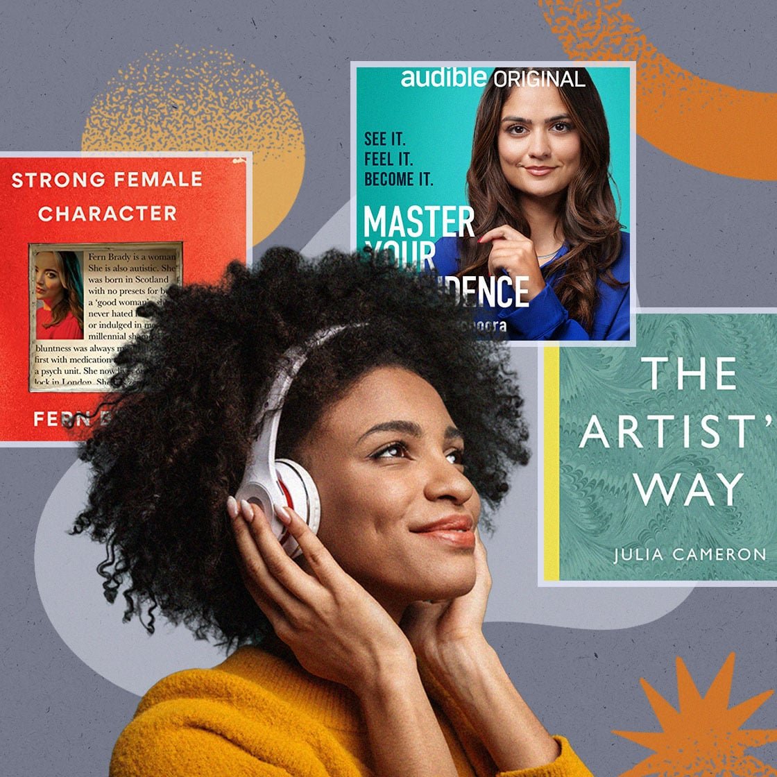 Collage image featuring a woman wearing headphones